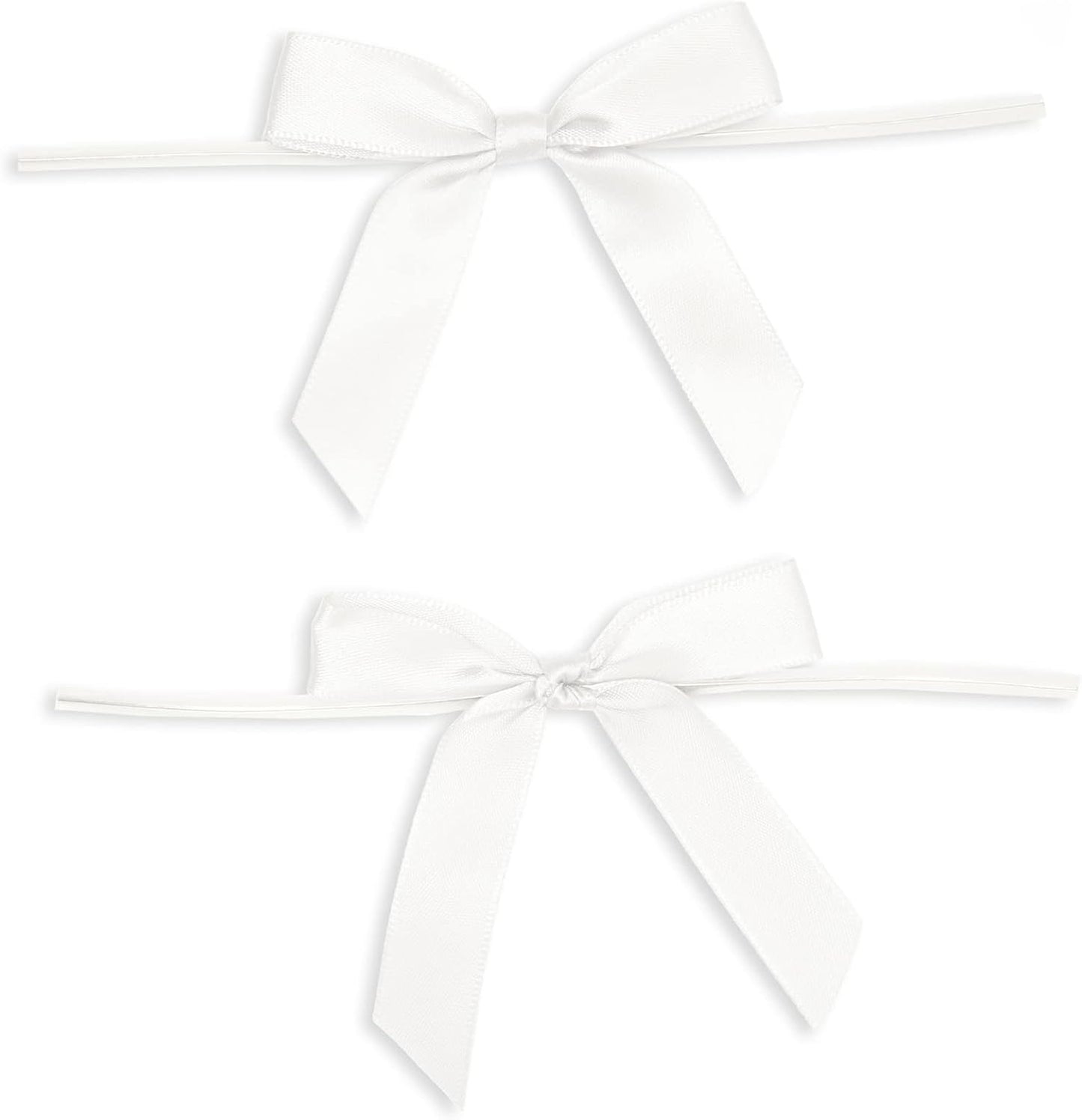 Juvale Twist Tie Bows - 100 Count, White, 3 x 2.5 in Satin Ribbon - Pre-Tied Gift Bows - Twist Ties for Cake & Crafts