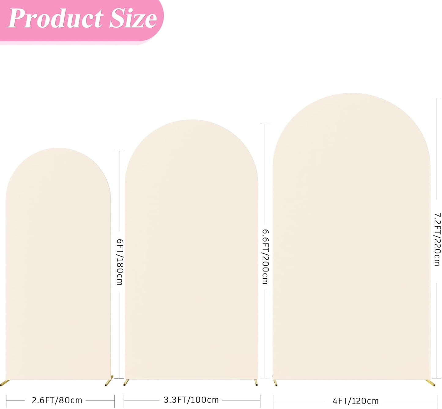 Fomcet Wedding Arch Cover 7.2FT, 6.6FT, 6FT Beige Spandex Fitted Fabric Arch Backdrop Cover Set of 3 Round Top Chiara Backdrop Stand Covers for Wedding Ceremony Birthday Party Baby Shower Decor