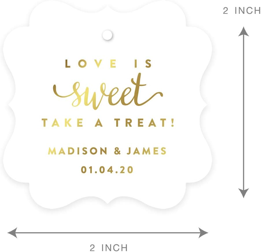 Andaz Press Personalized Fancy Frame Square Wedding Gift Tags, Metallic Gold Ink, Love is Sweet Take a Treat, 24-Pack, Custom Made Any Name, Gold Party Supplies