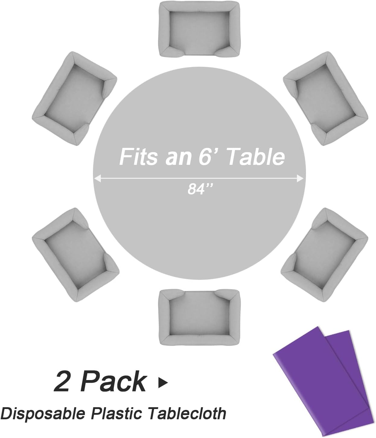 QIKSION Purple Round Tablecloth 2 Pack, 84 Inch Plastic Table Cover Disposable for Parties