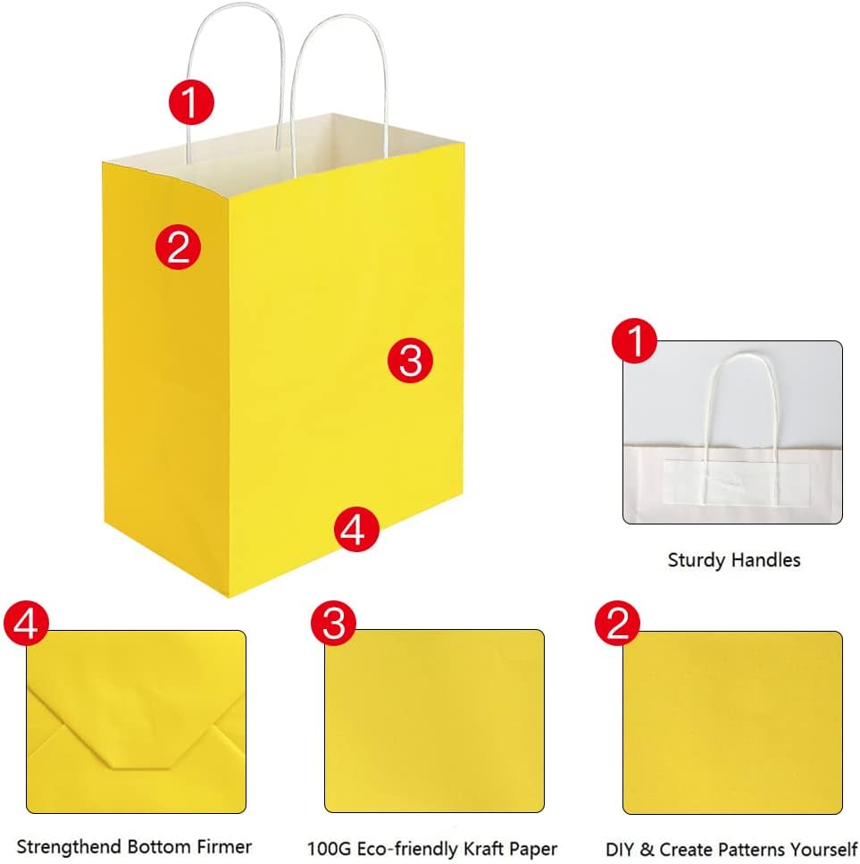 Oikss 50 Pack 8x4.75x10 Inch Medium Yellow Kraft Paper Bags with Handles Bulk for Birthday Wedding Party Favors Grocery Retail Shopping Takeout Business Goody Craft Gift Bags Sacks, (50pcs Count)