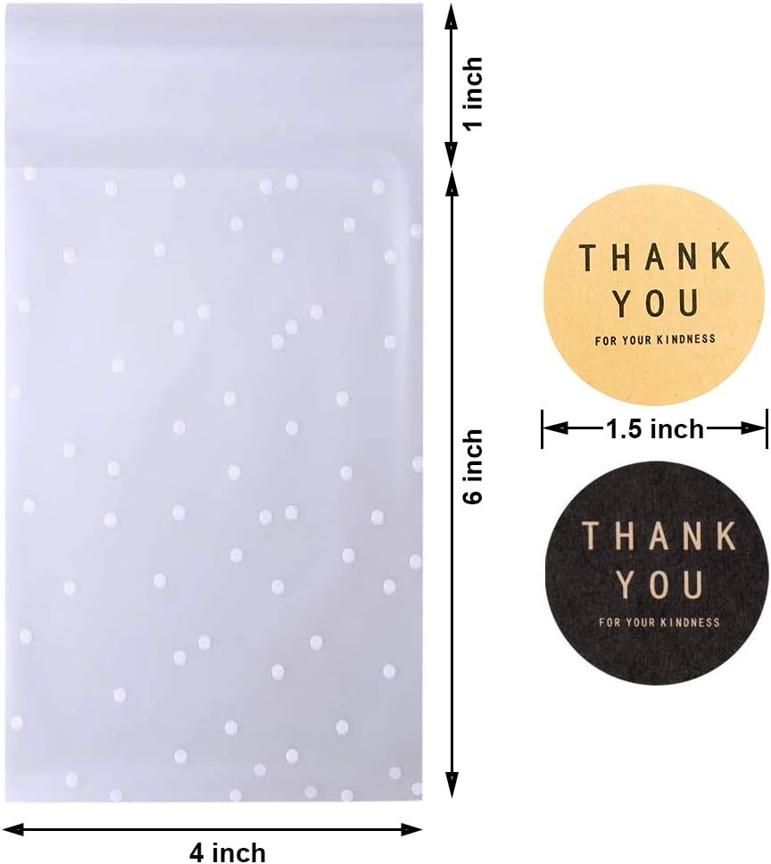 Searik Self Sealing Cookie Bags with Seal 4x6 Inches, 4 Mils Individual Self Adhesive Cellophane Plastic Candy Bags for Wedding Party Gift Giving Bakery Chocolate with Thank You Stickers 100 Pcs