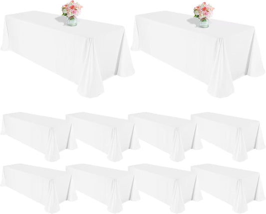 10 Pack Polyester Tablecloths, White 90 x 132 Inch Polyester Table Cloth for 8 Foot Rectangle Tables, Stain and Wrinkle Resistant Washable Fabric Table Cover for Wedding Banquet Restaurant Party