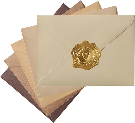 50 Pack Colored A7 Invitation Envelopes 5x7 with Gold Stickers for Cards and Invitations, 5 Colors (Brown, 5 1/4 x 7 1/4 inches)