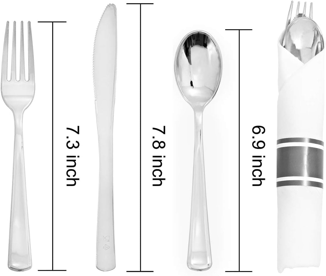 400PCS Wrapped Silver Plastic Silverware Sets - Heavy Duty Plastic Silverware Include Pre Rolled Disposable Utensils with Napkins for Parties & Dinners & Weddings