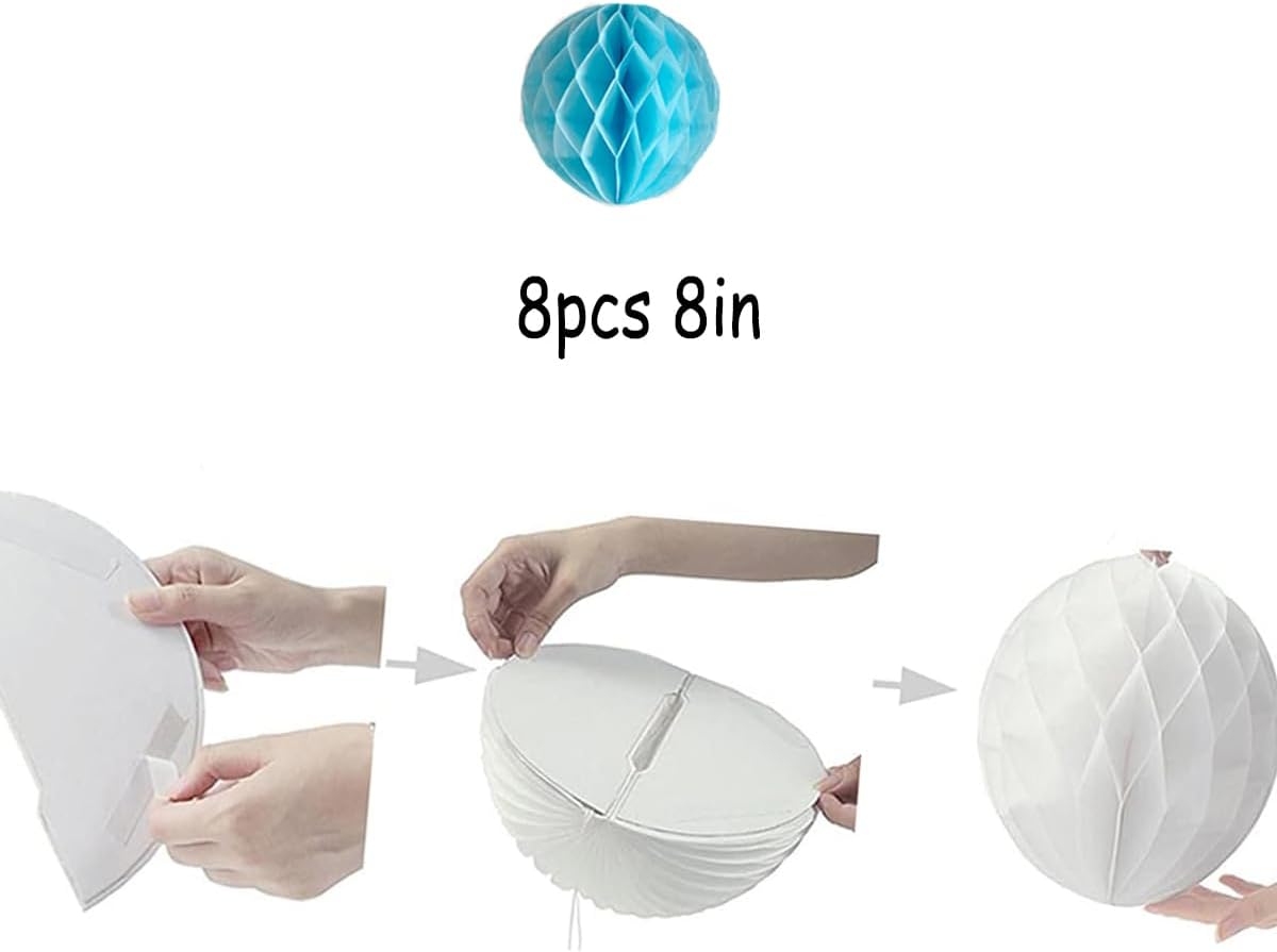 8pcs 8inch Paper Honeycomb Balls Decorative Tissue Honeycomb Balls Paper Pom Poms Flower Balls Art Hanging Balls for Birthday Wedding Nursery Baby Shower Home Decor (8inch, lt-Blue)
