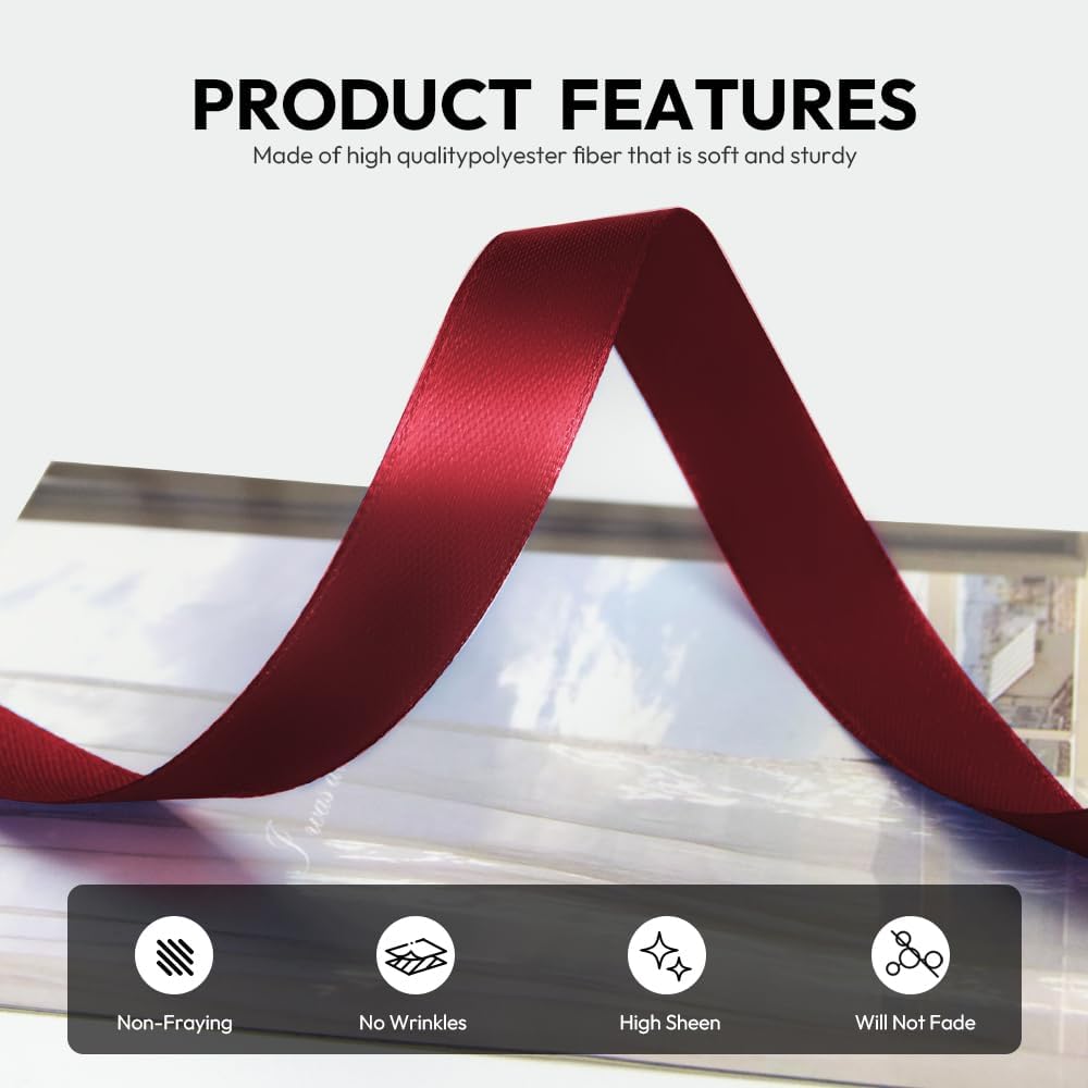 5/8 Inch 100 Yards Satin Ribbon Wine Red, Solid Color Fabric Ribbon for Gift Wrapping, Wedding, Polyester Gift Ribbon for Birthday Party Decoration, Craft, Hair, Floral, Sewing