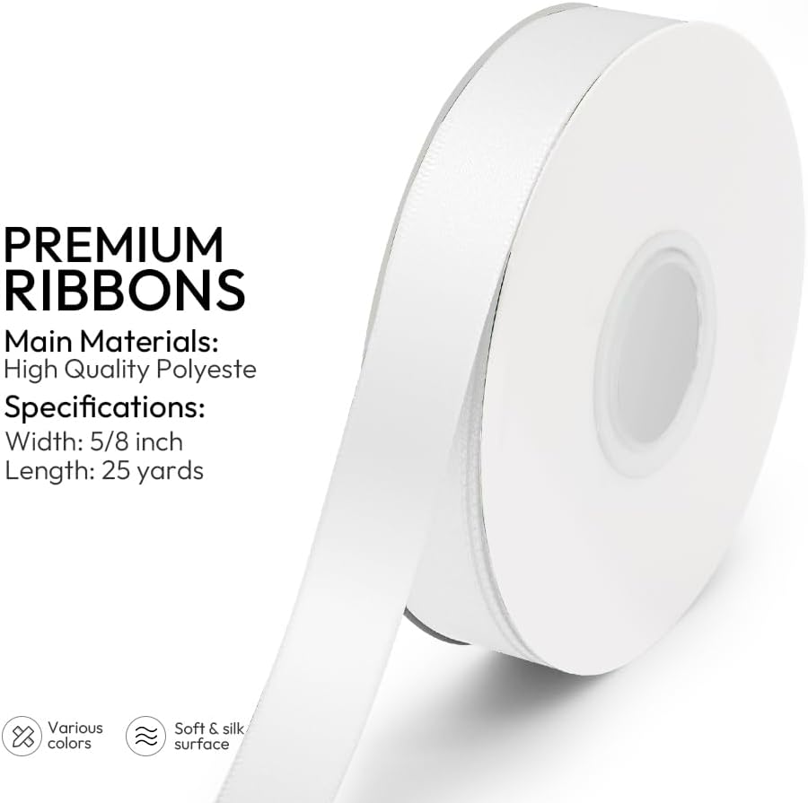 KMER LIFE 5/8 inch x 25 Yards Double Faced Polyester White Satin Ribbon, Perfect for Gift Wrapping Very Suitable for Weddings Party Hair Bow Invitation Decorations and More