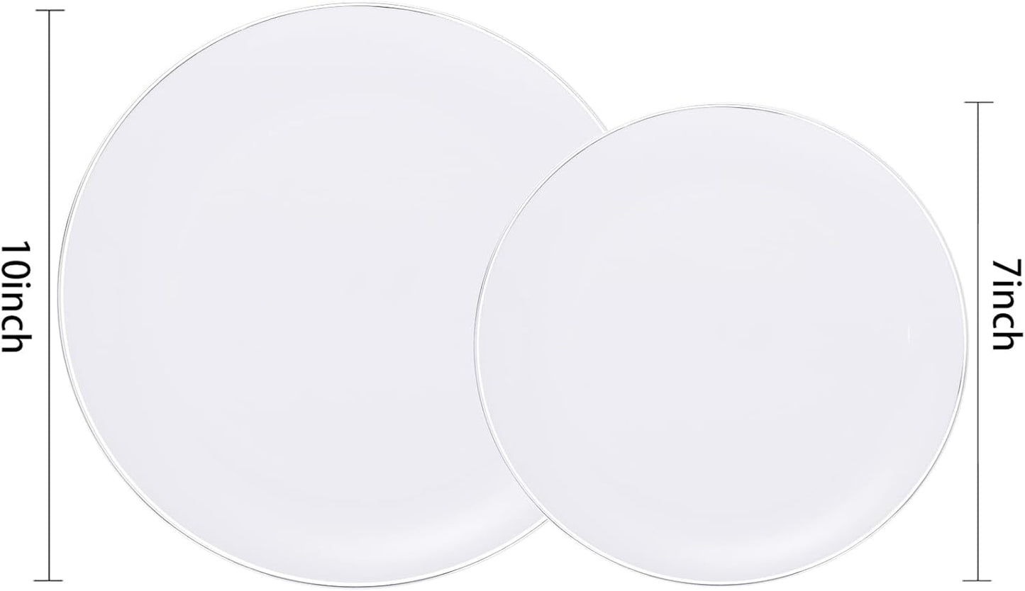 KIRE 200PCS Silver Plastic Plates - White Plastic Plates with Silver Rim Include 100 Dinner Plate and 100 for Dessert/Salad Plate for Birthday/Wedding/Party for Christmas