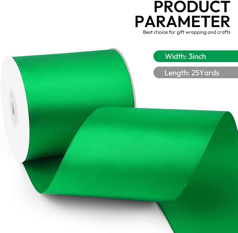 3 Inch 25 Yard Wide Satin Ribbon Green, Solid Fabric Large Ribbon Roll for Cutting Ceremony Wedding Opening Party Decoration, Chairs, Sewing, Festival Pageant Sashes