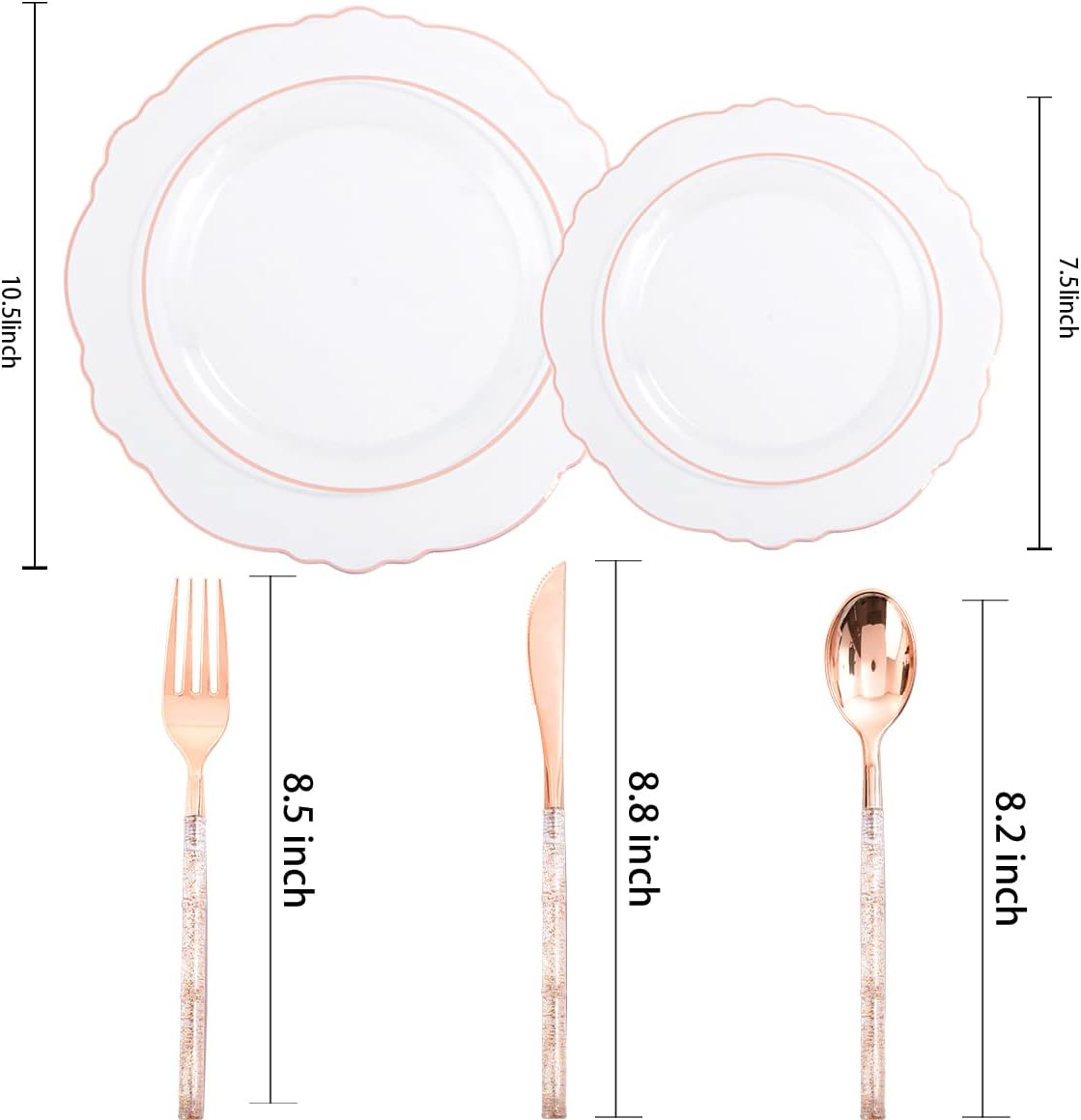 Liacere 150PCS Rose Gold Plastic Plates - Clear Rose Gold Disposable Plates with Glitter Bamboo Handle Cutlery - 60 Baroque Elegant Plates, 30 Forks, 30 Spoons, 30 Knives for Thanksging day&Chrismas
