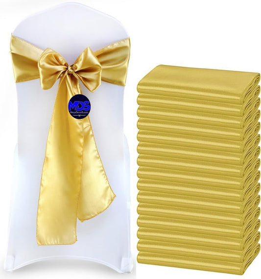 MDS Pack of 150 PCS Satin Chair Sashes Charmeuse Sateen Dining Chair Bows Ribbon Ties Back Sash for Wedding Party Birthday Home Hotel Restaurant Banquet Decoration (7 x 108 Inch, Gold)