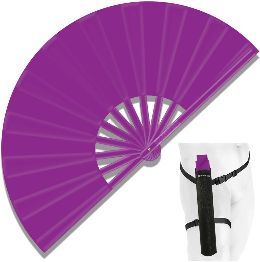 13" Large Folding Rave Fan with Holster, Clack Hand Fans Foldable for Line Dancing, Boots On The Ground Fan for Women Men Festival EDM Party Decoration, Purple
