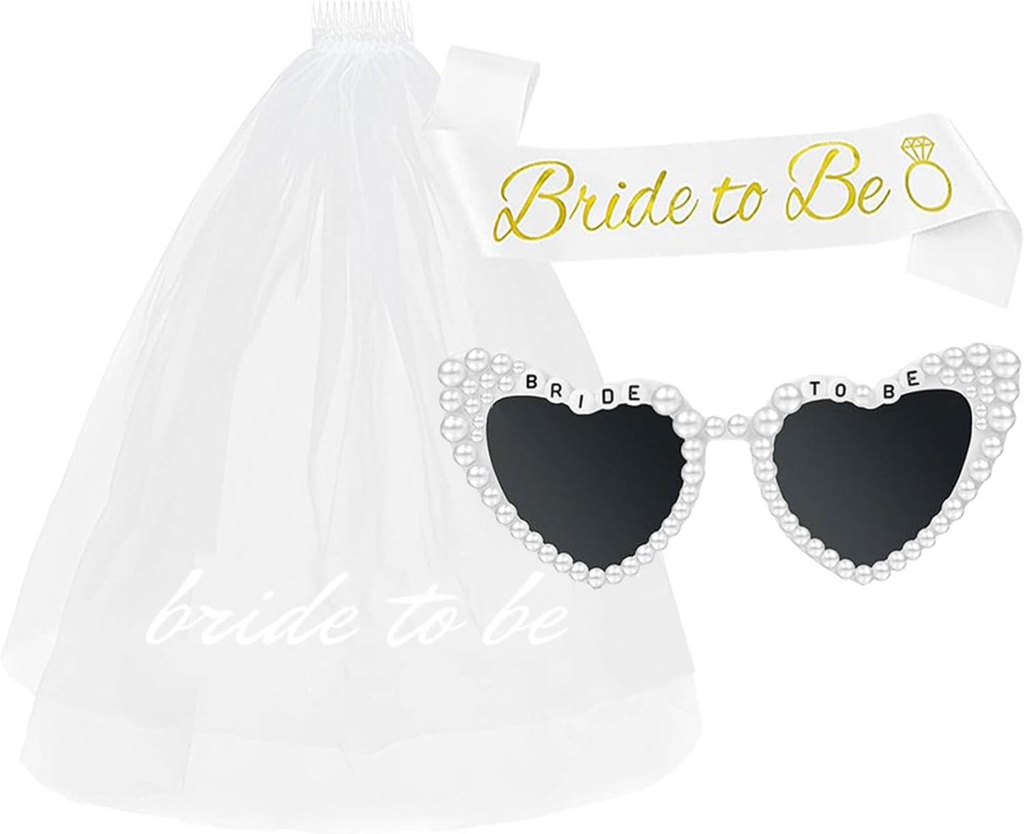 3PCS Bride To Be Veil White Print Bridal Veils Bride Sash and Pearl Sunglasses for Bachelorette Party