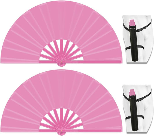 13" Large Folding Rave Fan with Holster, Clack Hand Fans Foldable for Line Dancing, Boots On The Ground Fan for Women Men Festival EDM Party Decoration, Pink 2 Pack