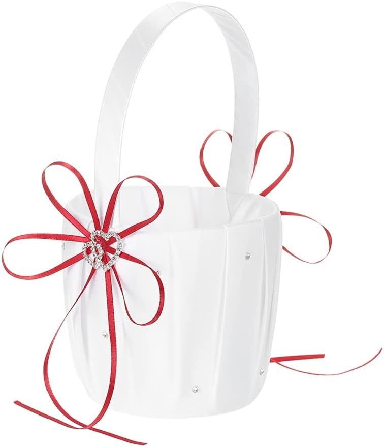 The Crafty Owl 2 Heart Rhinestones Ivory/White/Blue Trimming/Red Trimming Satin Large Wedding Ring Bearer Pillow and Basket Set (White with Red Trimming)