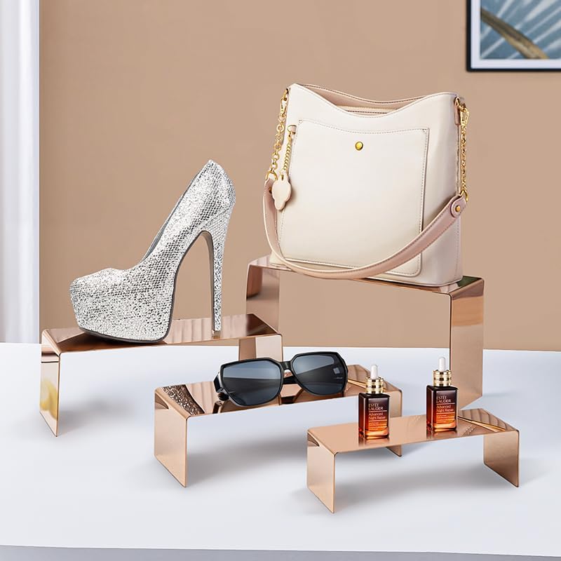 4 Pcs Stainless Steel Display Risers, Display Stand for Cupcake Dessert Perfume Purse Handbag Shoe and Funko Pop, Rose Gold