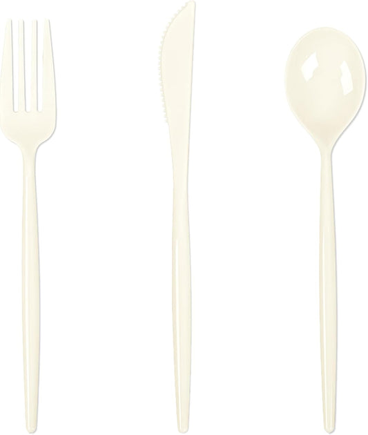 Supernal 180pcs Plastic Silverware Heavy Duty Ivory Plastic Utensils Cutlery Disposable Beige Plastic Cutlery Include 60 Plastic Forks,60 Plastic Knvies,60 Plastic Spoons for Party,Wedding