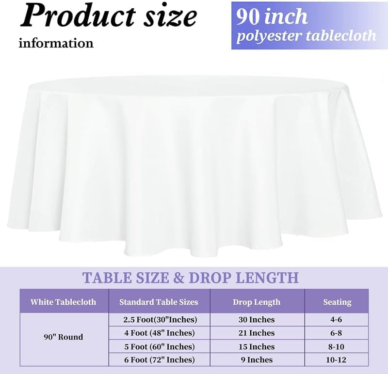 6 Pack White 90 Inch Round Tablecloths. Stain and Winkle Resistant Polyester Washable White Table Cloths for Parties Wedding Dining