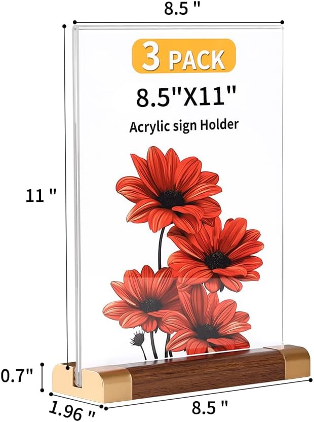 8.5 x 11 Inch Acrylic Sign Holder with Wood-Color Base 3 Pack, Acrylic T Shape Tabletop Double-Sided Display Sign Frame Vertical Clear for Store/Coffee Shop/Restaurant Menu Hotel Display Holder
