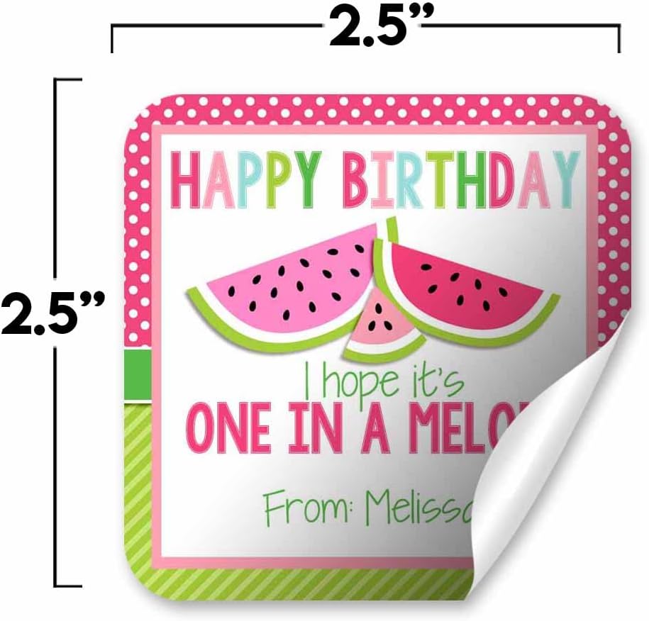 Custom & Personalized One in A Melon Watermelon Happy Birthday Gift Tag Sticker Labels, 24 2.5" Square Stickers by Amanda Creation