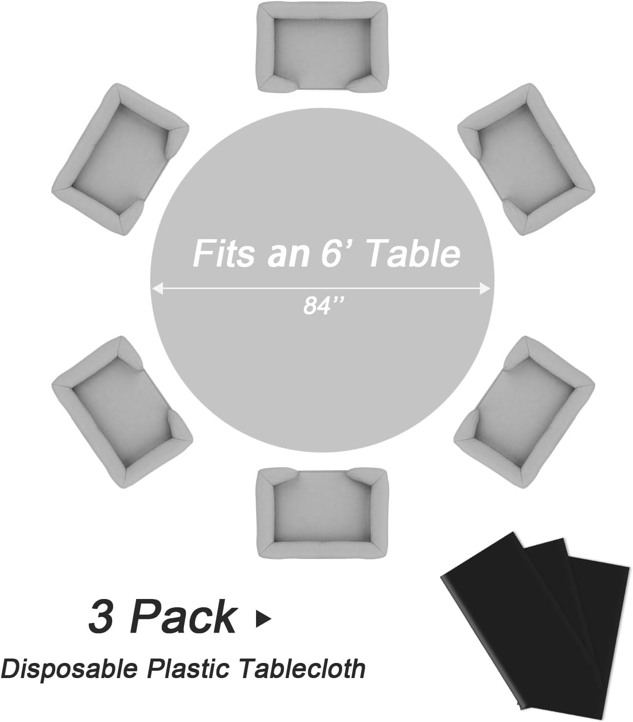 QIKSION Black Round Tablecloth 3 Pack, 84 Inch Plastic Table Cover Disposable for Parties
