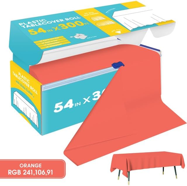 Orange Plastic Table Cover Roll - 54IN x 300FT, Table Cloth for Rectangle Table with Slide Cutter, Plastic Table Cloth Disposable with Cut-to-Size Design for Weddings, Banquets, Parties