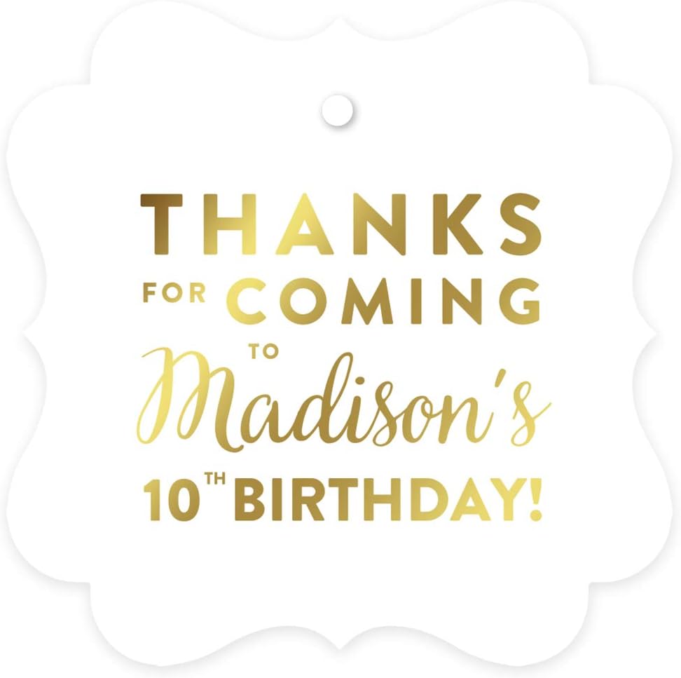 Andaz Press Personalized Fancy Frame Square Birthday Gift Tags, Metallic Gold Ink, Thanks for Coming to Madison's 10th Birthday Block Style, 24-Pack, Custom Made Name Age