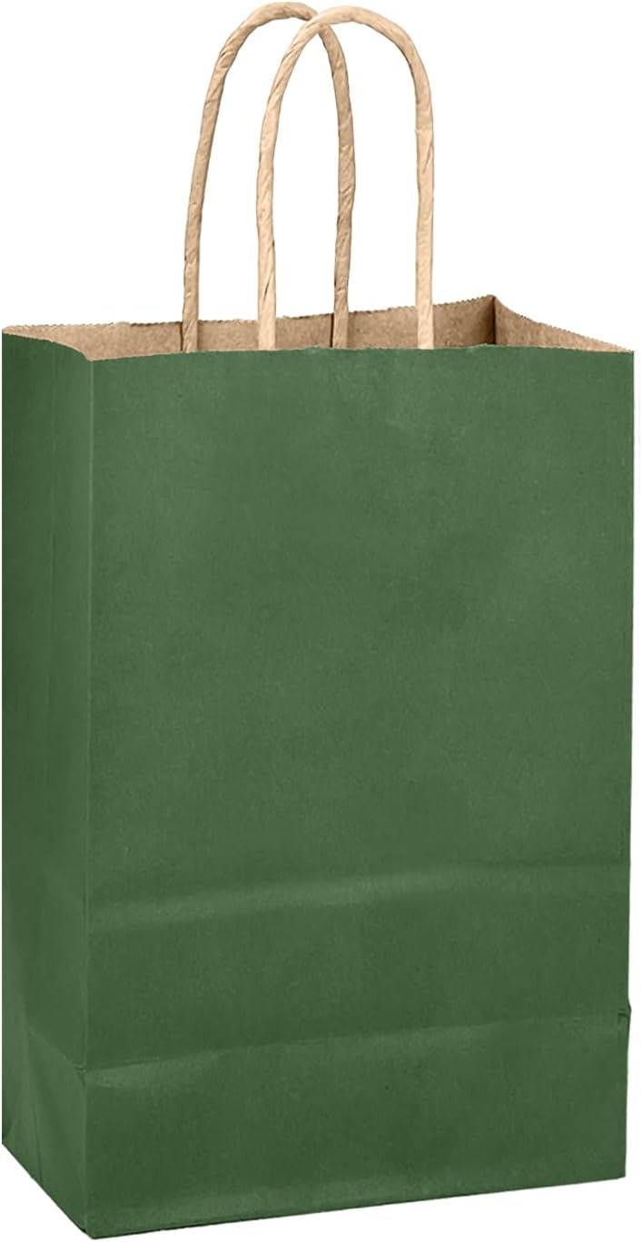 qiqee Dark Olive Green Gift Bag with Handles Bulk 24Pcs Paper Bags -8.3"x6"x3. 15" Party Favor Bags - Solid Color
