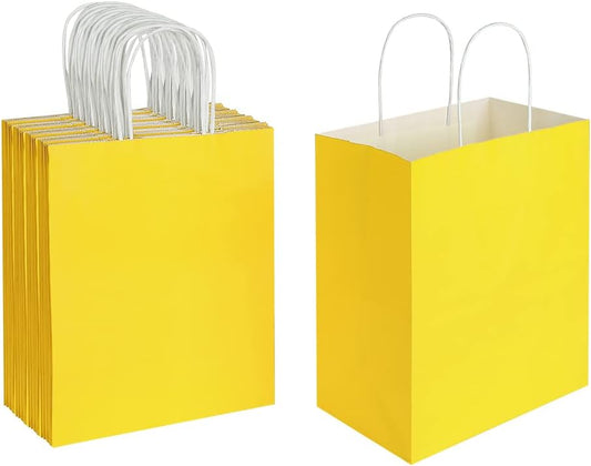 Oikss 50 Pack 8x4.75x10 Inch Medium Yellow Kraft Paper Bags with Handles Bulk for Birthday Wedding Party Favors Grocery Retail Shopping Takeout Business Goody Craft Gift Bags Sacks, (50pcs Count)