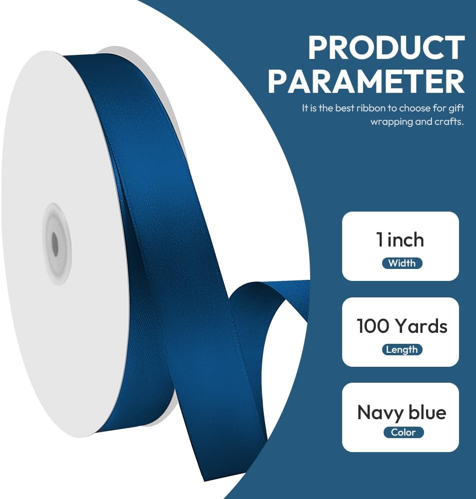1" x 100 Yards Satin Ribbon - Navy Blue Silk Ribbon with Spool - Ideal for Gift Wrapping, Floral Bouquets, Crafts, Wedding Party Decorations, Christmas and Sewing Projects