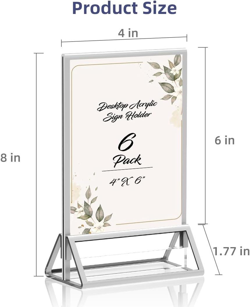 Clear Acrylic Sign Holder 4X6 with Silver Borders Display Stand, Double Sided Acrylic Picture Frames Plastic Sign Holder for Wedding Table Numbers Menu Holder (6 Pack)