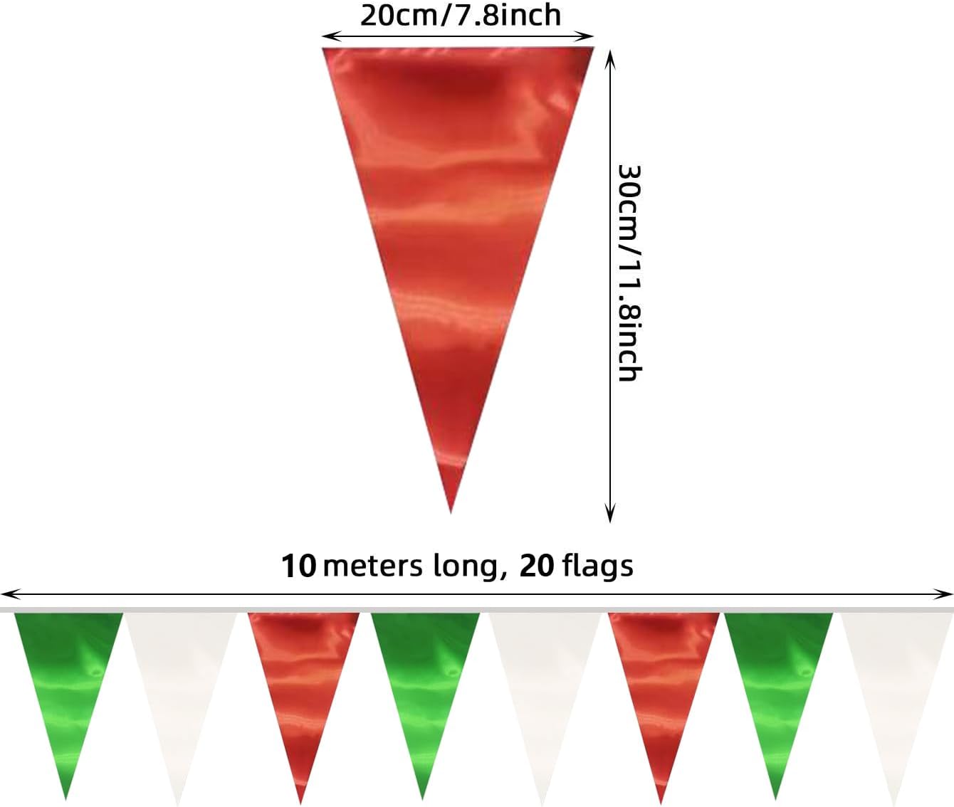 20M/65FT White Green Red Triangle Pennant Banner Flag Metallic Fabric Bunting Garland for Christmas Italy Mexican Birthday Baby Shower Wedding Banners,New Years Winter Decor Ouruola