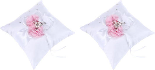 PRETYZOOM 2Pcs Pink Ring Bearer Pillow Set - Satin & Ribbon Decorative Wedding Ring Holder with Flower Design for Ceremony