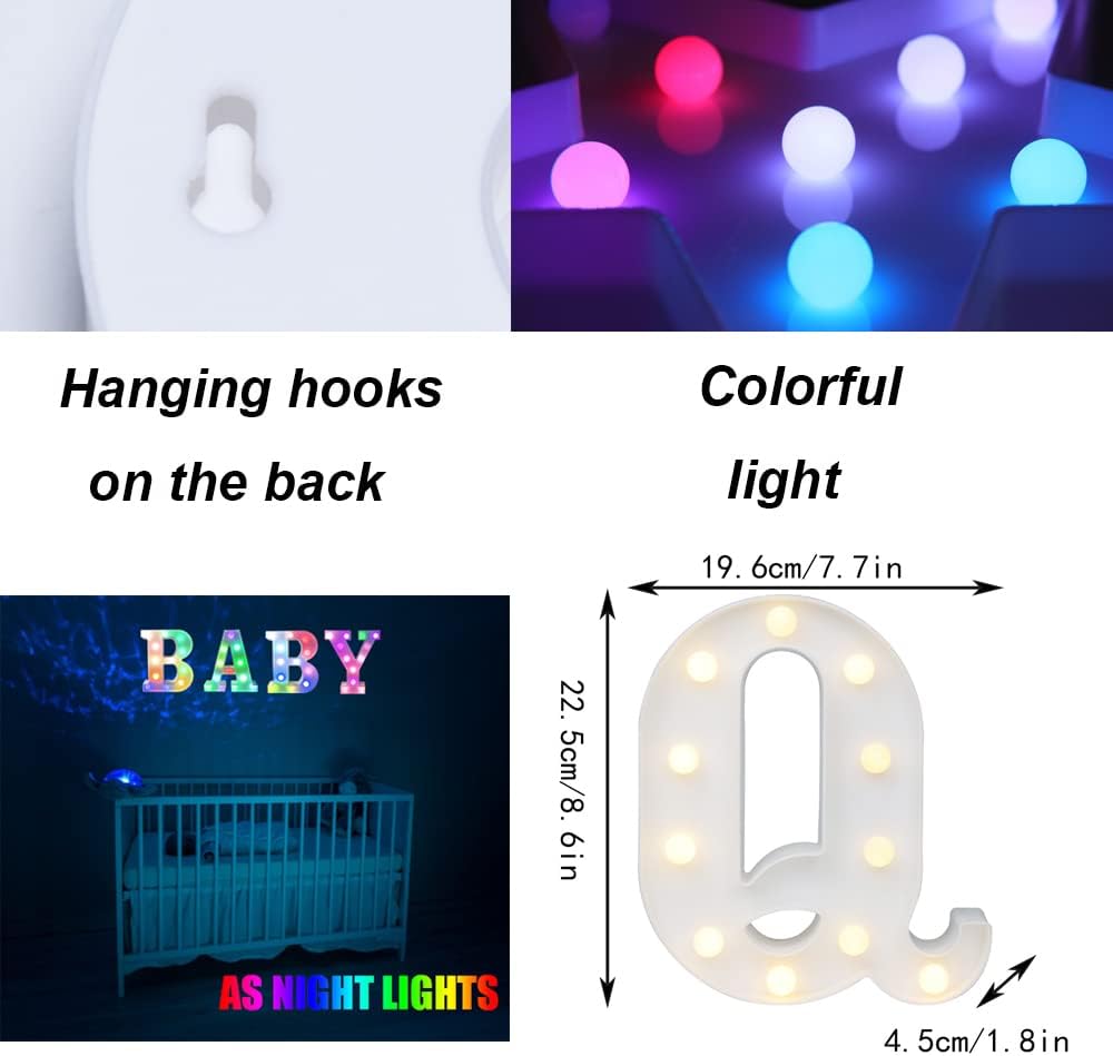 Light Up Colorful LED Marquee Letter lights, 18 Colors Changing Alphabet Letters Sign with Remote Timer for Night Light Girls Bedroom Wedding Birthday Party Lamp Christmas Home Bar Decor- Colorful Q