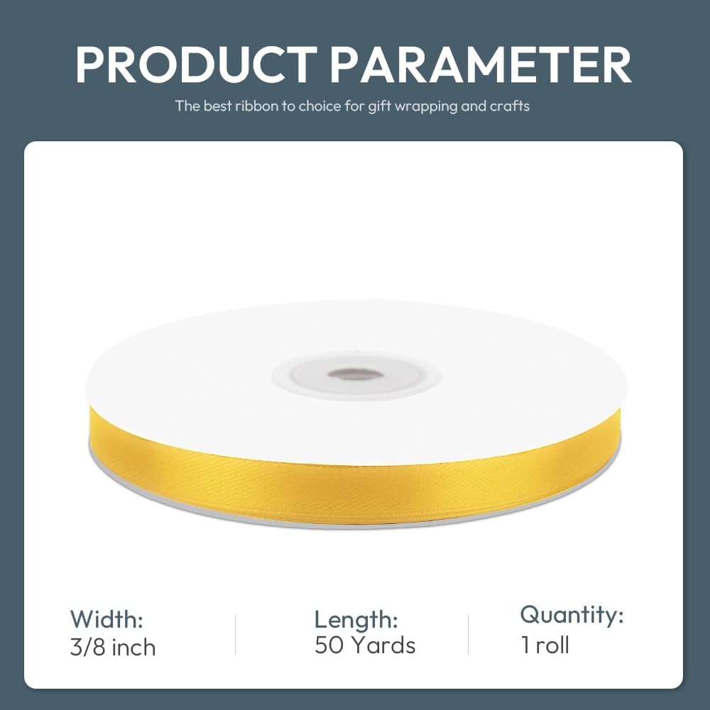 KMER LIFE 3/8" Wide x 50 Yards Yellow Single Faced Polyester Satin Ribbon, Yellow Satin Ribbon Perfect for Wedding Decor, Wreath, Crafts, Gift Wrapping & Other Projects (Yellow)