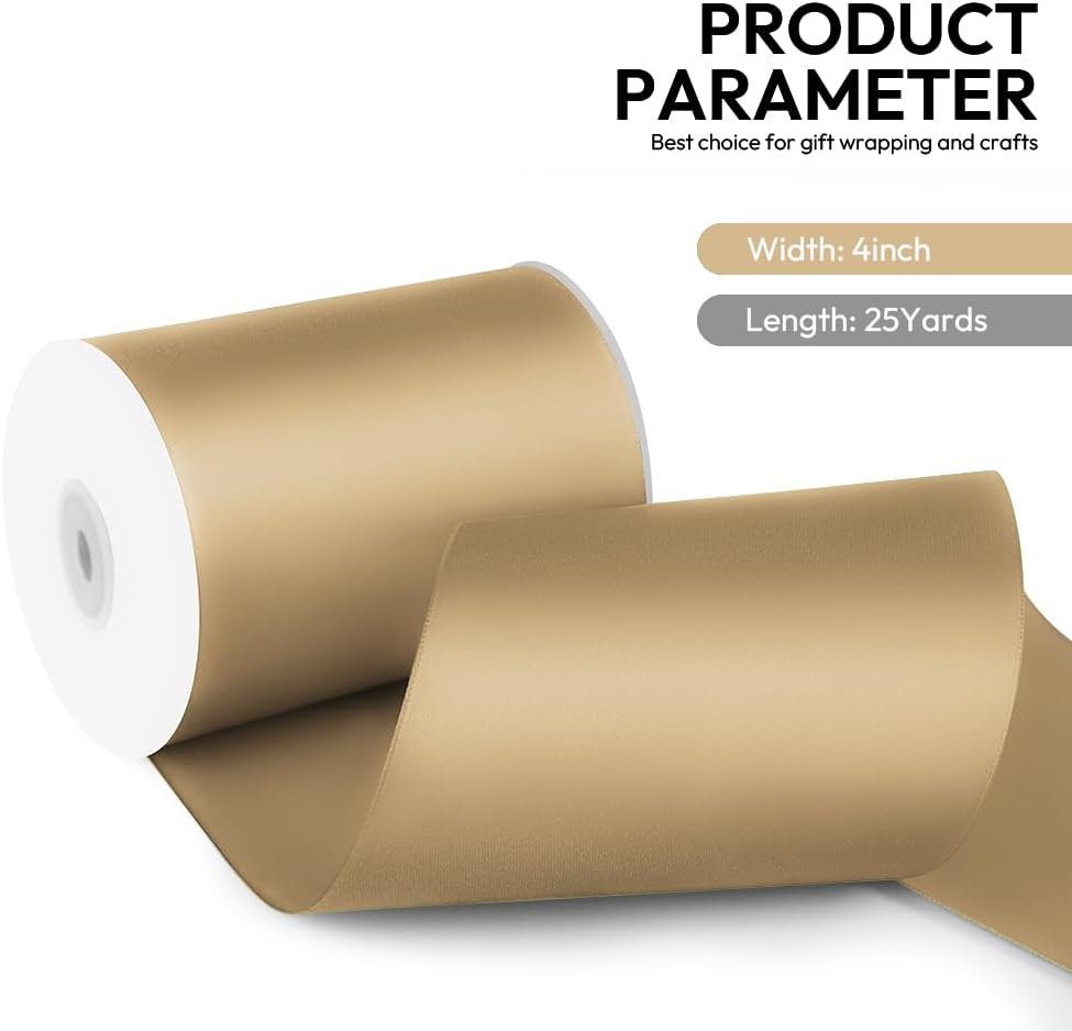 4 Inch 25 Yard Wide Satin Ribbon Champagne Gold, Solid Fabric Large Ribbon Roll for Cutting Ceremony Wedding Opening Party Decoration, Chairs, Sewing, Festival Pageant Sashes