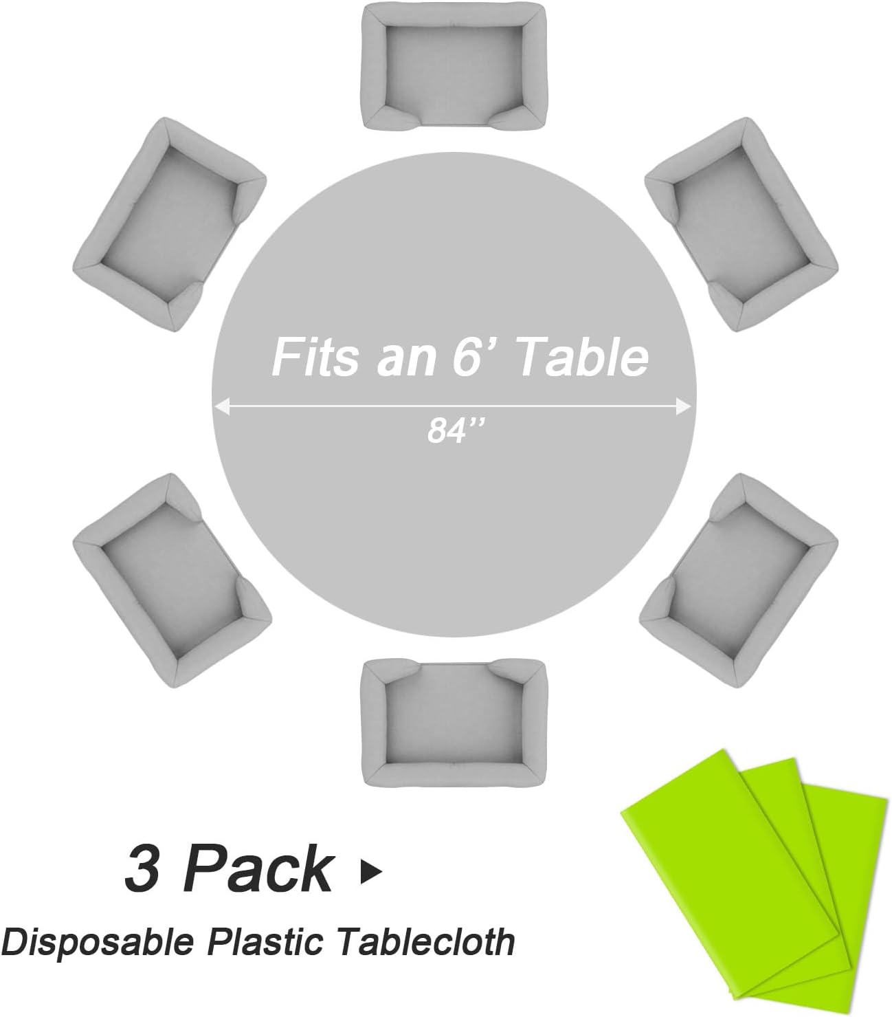 QIKSION Lime Green Round Tablecloth 3 Pack, 84 Inch Plastic Table Cover Disposable for Parties