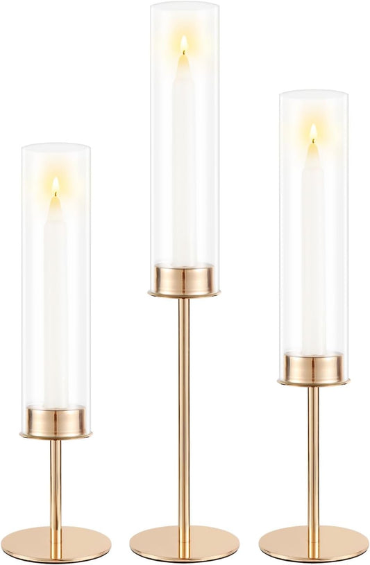 Gold Candle Holders Set of 3 for Glass Taper Candle Holders,Hurricane Candlestick Holder for Home Decor, Wedding, Dinning, Party Decorative, Anniversary (3,Gold)