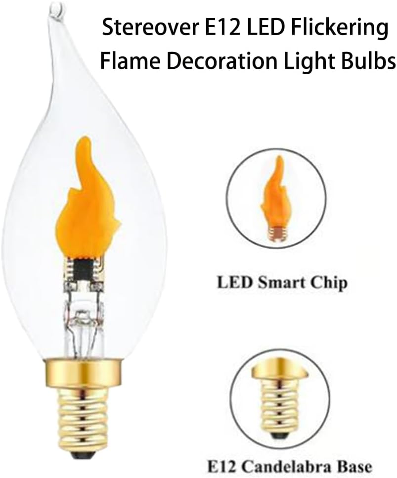 Stereover E12 LED Flickering Flame Decoration Light Bulbs, Stereover Flicker Bulb, E12 Flickering Flame Light Bulbs - Realistic Blaze Effect, Perfect Ambiance for Halloween, Christmas (6 Pack)