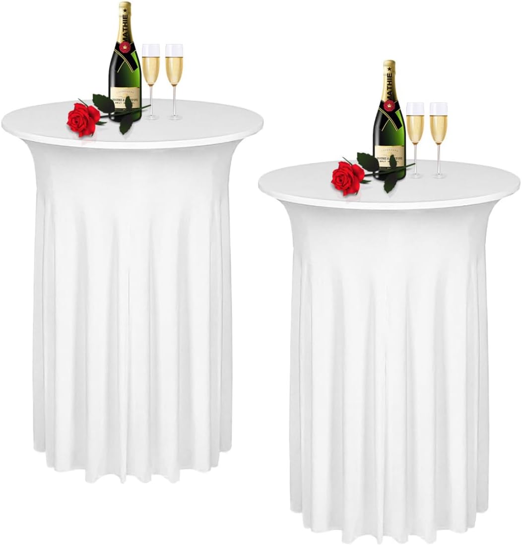 Albassa 2 Pack Cocktail Table Covers 32"x 43" Spandex Stretch Round Cocktail Tablecloths with Wavy Drapes Fitted High Top Bar Table Skirt for Wedding Party Banquet (White, 2 PCS)