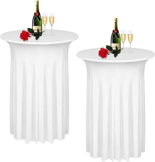 Albassa 2 Pack Cocktail Table Covers 32"x 43" Spandex Stretch Round Cocktail Tablecloths with Wavy Drapes Fitted High Top Bar Table Skirt for Wedding Party Banquet (White, 2 PCS)