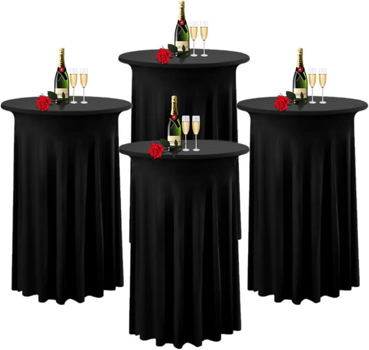 Albassa 4 Pack Cocktail Table Covers 32"x 43" Spandex Stretch Round Cocktail Tablecloths with Wavy Drapes Fitted High Top Bar Table Skirt for Wedding Party Banquet (Black, 4 PCS)