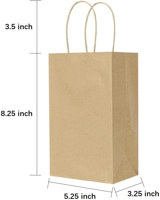 Oikss 50 Pack 5.25x3.25x8.25 Inch Small Brown Gift Bags with Handles Bulk for Birthday Party Favors Grocery Retail Shopping Business Goody Kraft Craft Paper Bags Cub Sacks (Plain Natural 50 Count)