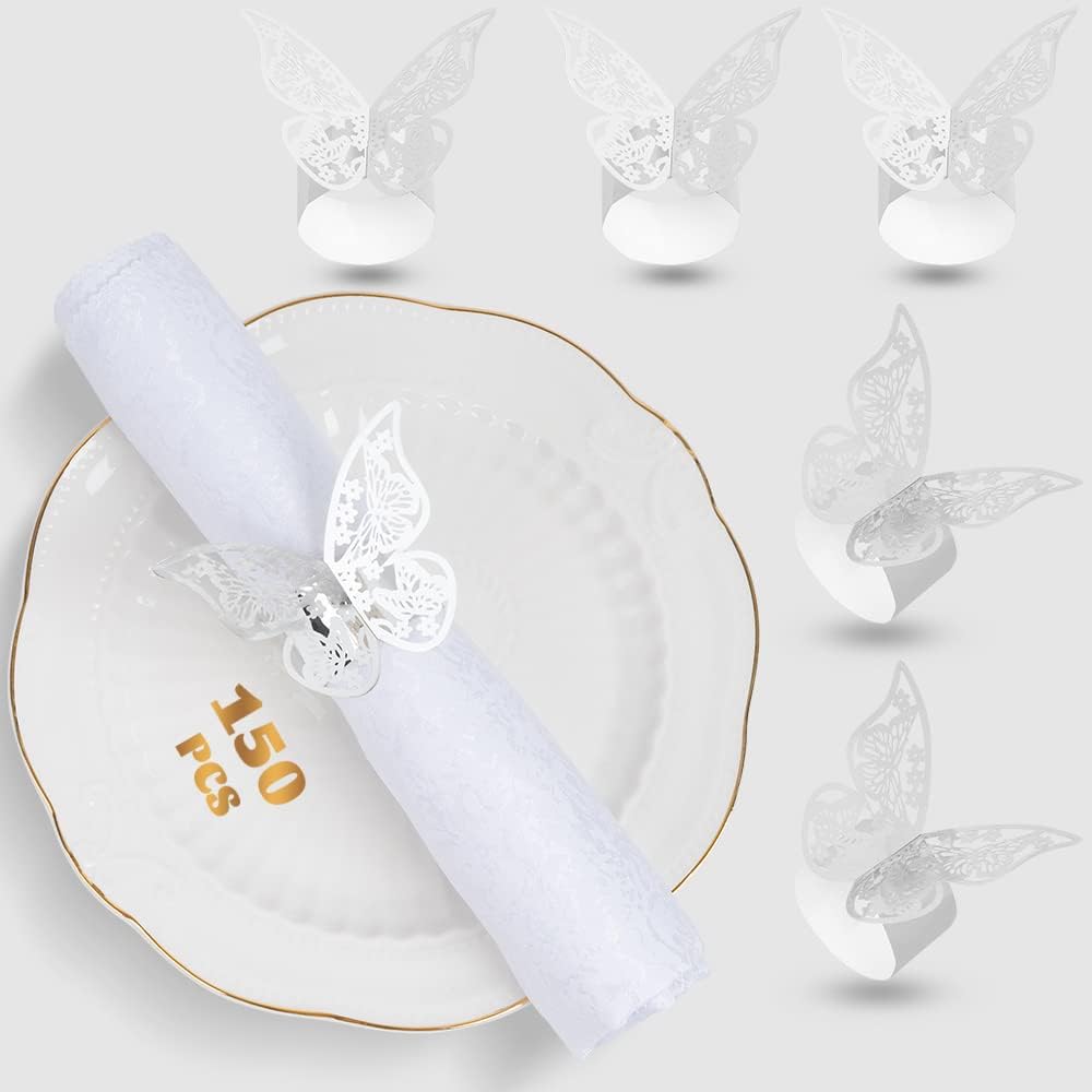150 Pcs Napkin Rings Laser Cut Butterfly Shape Foil Paper Napkin Holder for Weddings Party Serviette Table Decoration Restaurant (Silver)