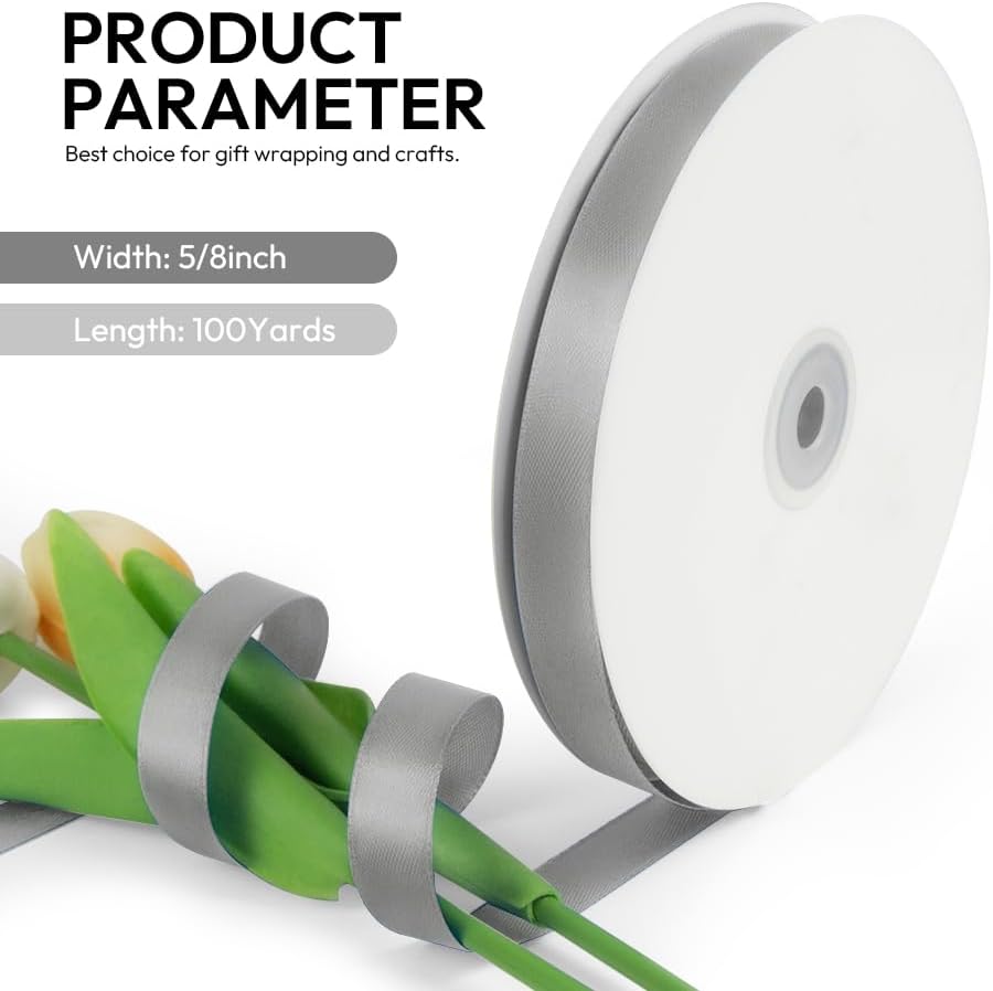 5/8 Inch 100 Yards Satin Ribbon Silver, Solid Color Fabric Ribbon for Gift Wrapping, Wedding, Polyester Gift Ribbon for Birthday Party Decoration, Craft, Hair, Floral, Sewing