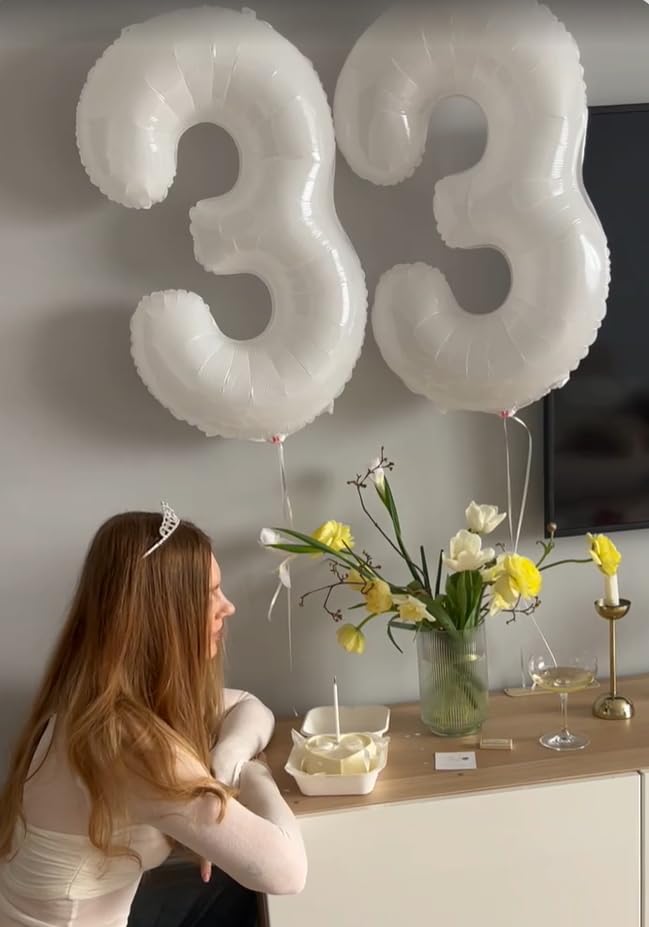 40 Inch White 3 Large Number Balloon, 3 13 23 30 33 36 White Birthday Party Decorations, Number Three Foil Balloons for Anniversary Party Graduations Celebration Supplies