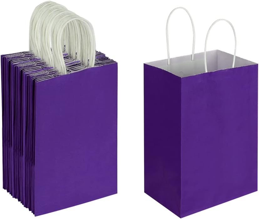 Oikss 50 Pack 5.25x3.25x8.25 Inch Small Purple Kraft Paper Bags with Handles Bulk for Birthday Wedding Party Favors Grocery Retail Shopping Business Goody Craft Gift Bags Cub Sacks, 50 Count