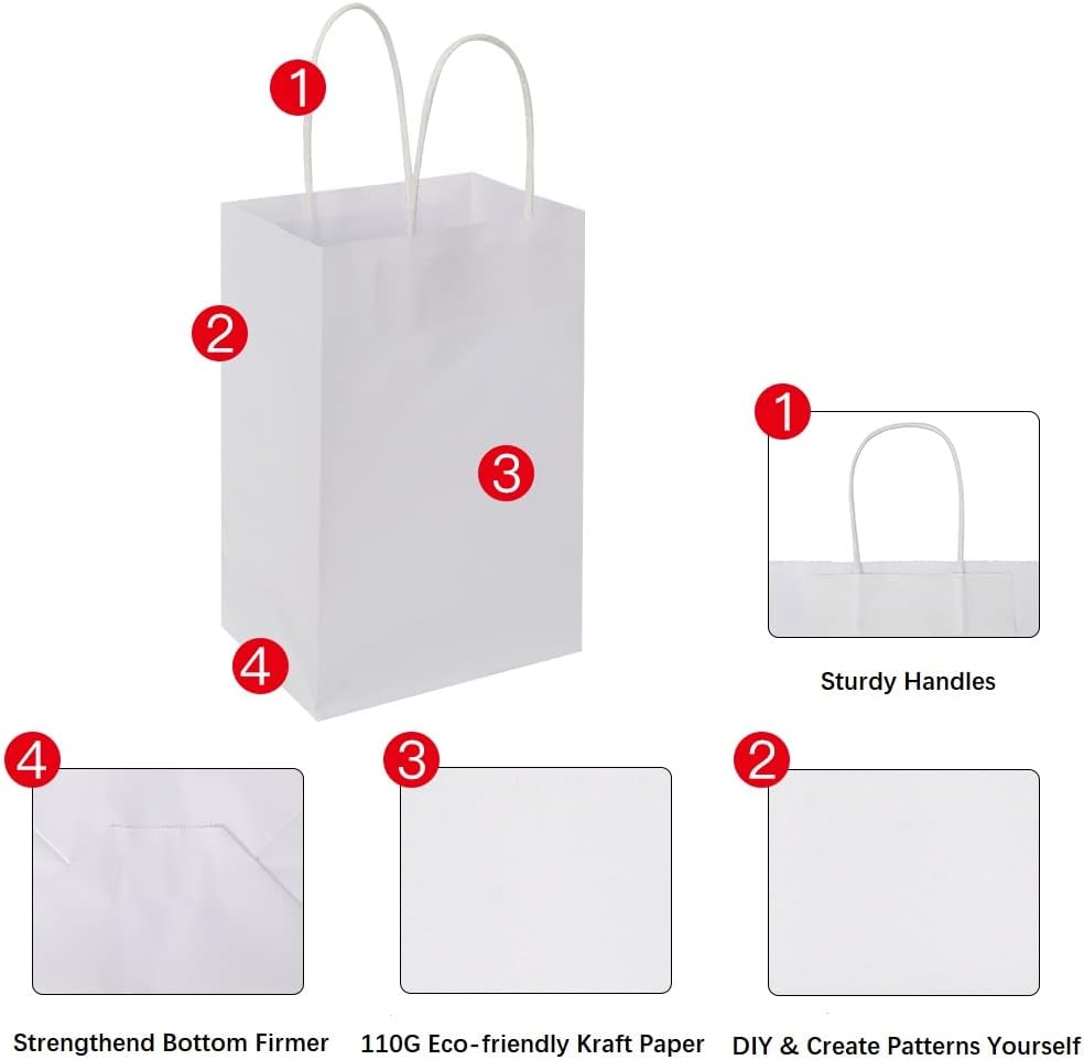 Oikss 50 Pack 5.25x3.25x8.25 Inch Small White Kraft Paper Bags with Handles Bulk for Birthday Wedding Party Favors Grocery Retail Shopping Business Goody Craft Gift Bags Cub Sacks, 50 Count