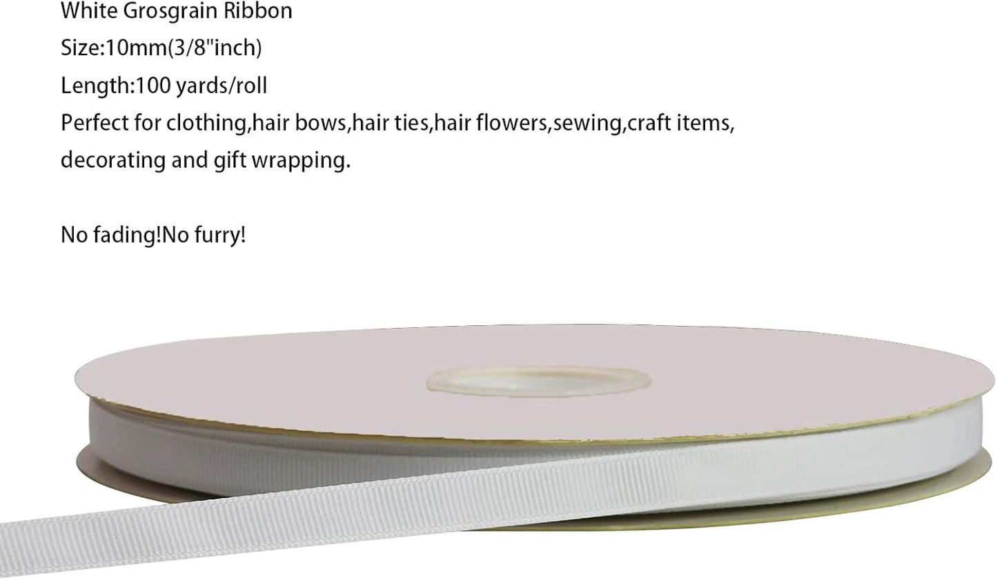 Jesep One Roll 100 Yards 3/8" Soild Grosgrain Ribbon Boutique Gift Wrapping Package Ribbon, DIY Crafts Bow Hair Headband Accessories Assorted Ribbon#29(3/8" 10mm, White)